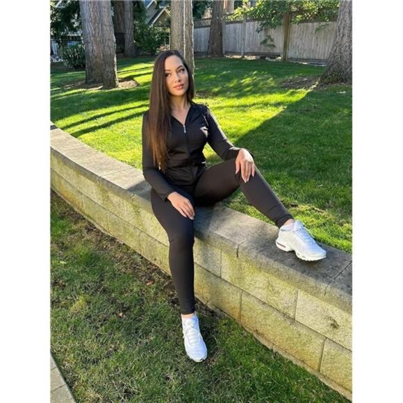 Women Two Piece Outfits Workout Sets Bodycon Tracksuit Long Sleeve Zip Up Hoodie - Picture 3 of 6